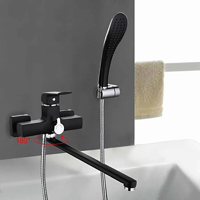 Однорычажный смеситель для ванны с душевой лейкой и длинным поворотным изливом 35 см Gappo G2250 черный