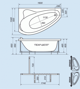 Ванна акриловая Тритон Пеарл-Шелл 160x104x60,5 правая